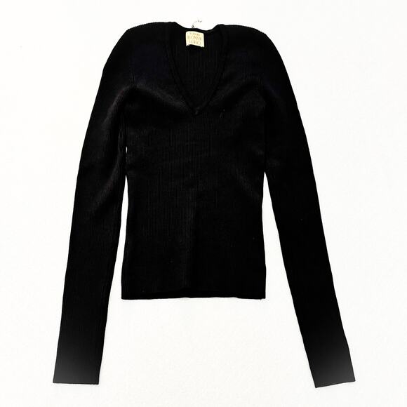 Torn by Ronny Kobo Stretch Black Ribbed V-Neck Long Sleeve Top Size XS - Picture 1 of 4
